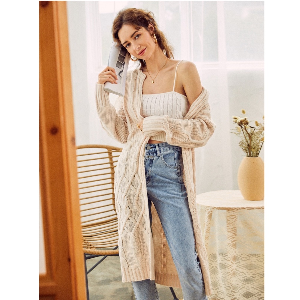 Long Cable Knit Open Cardigan - Picture 3 of 11
